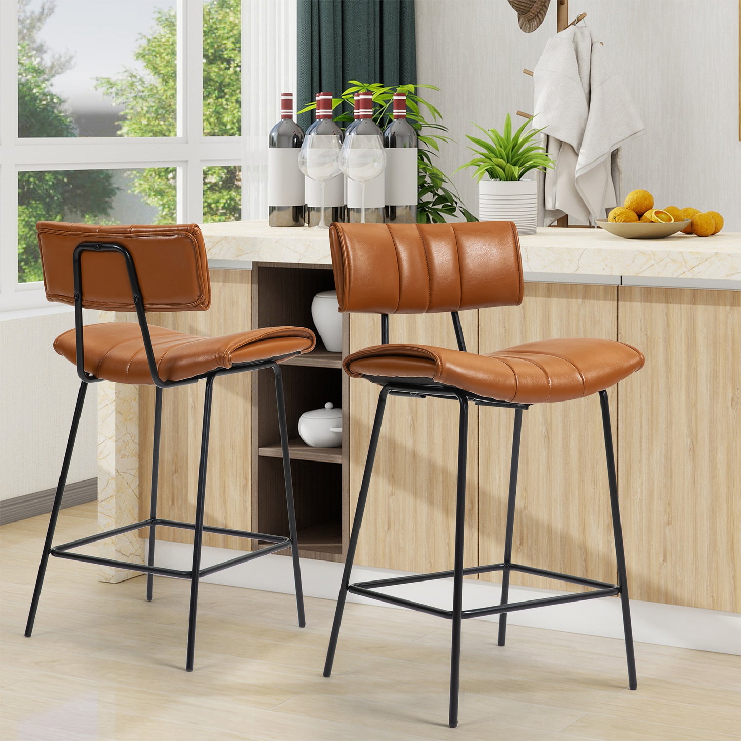 Set of 2 Belita Brown Faux Leather Bar Stool with Black Metal Legs