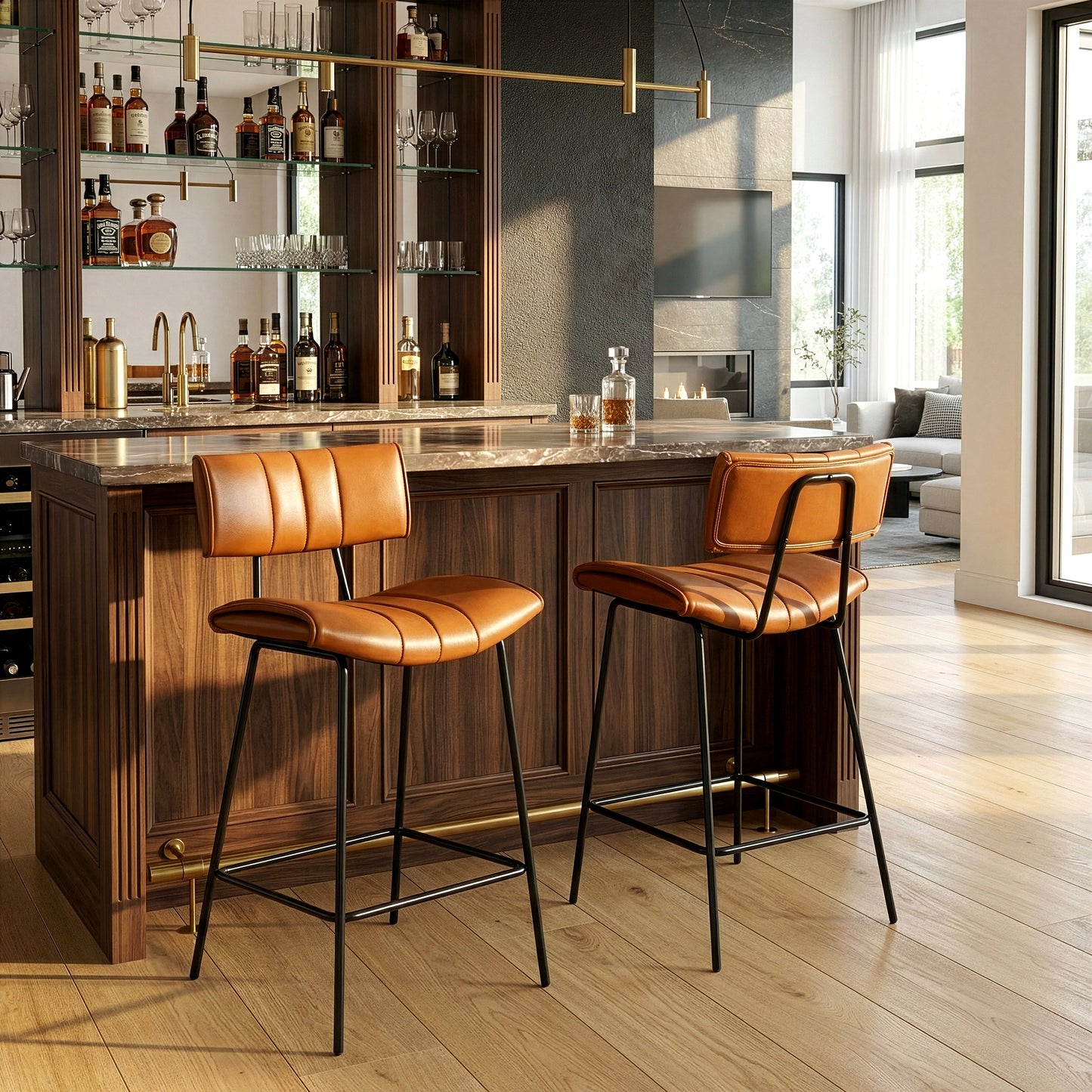 Set of 2 Belita Brown Faux Leather Bar Stool with Black Metal Legs