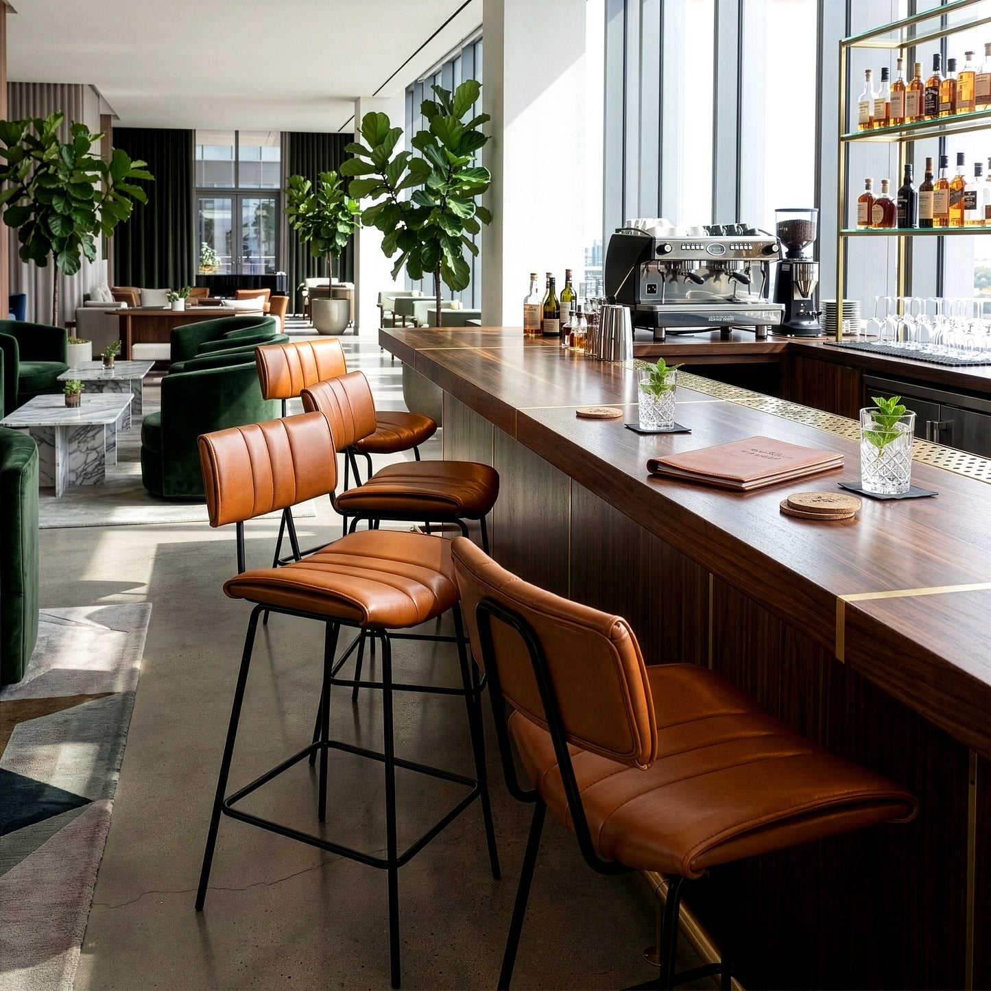 Set of 2 Belita Brown Faux Leather Bar Stool with Black Metal Legs