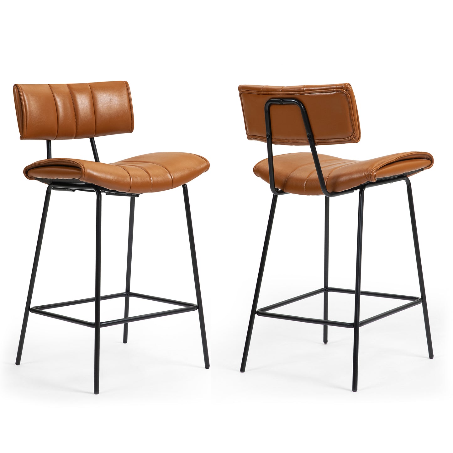 Set of 2 Belita Brown Faux Leather Bar Stool with Black Metal Legs
