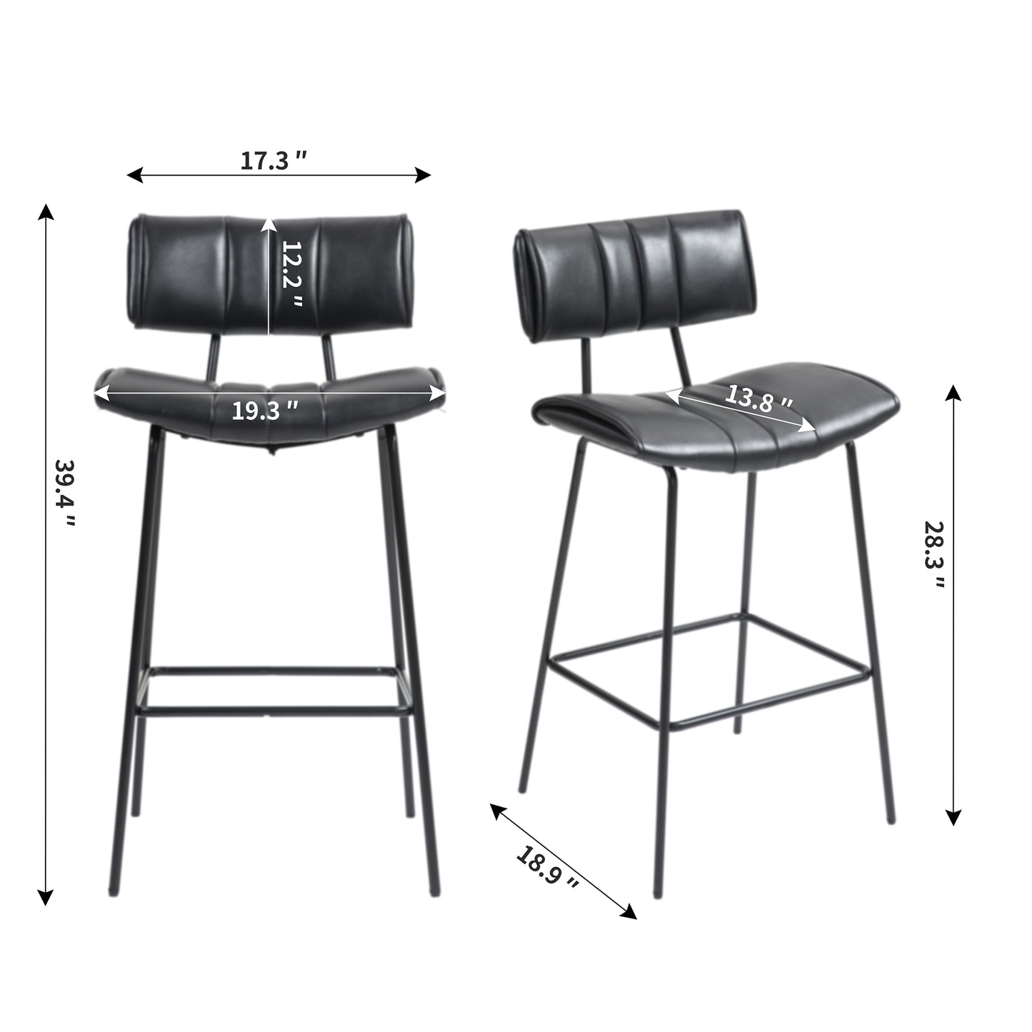 Set of 2 Belita Black Faux Leather Bar Stool with Black Metal Legs