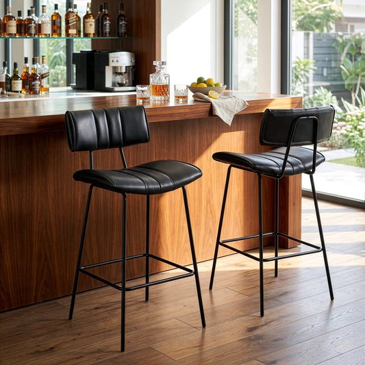 Set of 2 Belita Black Faux Leather Bar Stool with Black Metal Legs