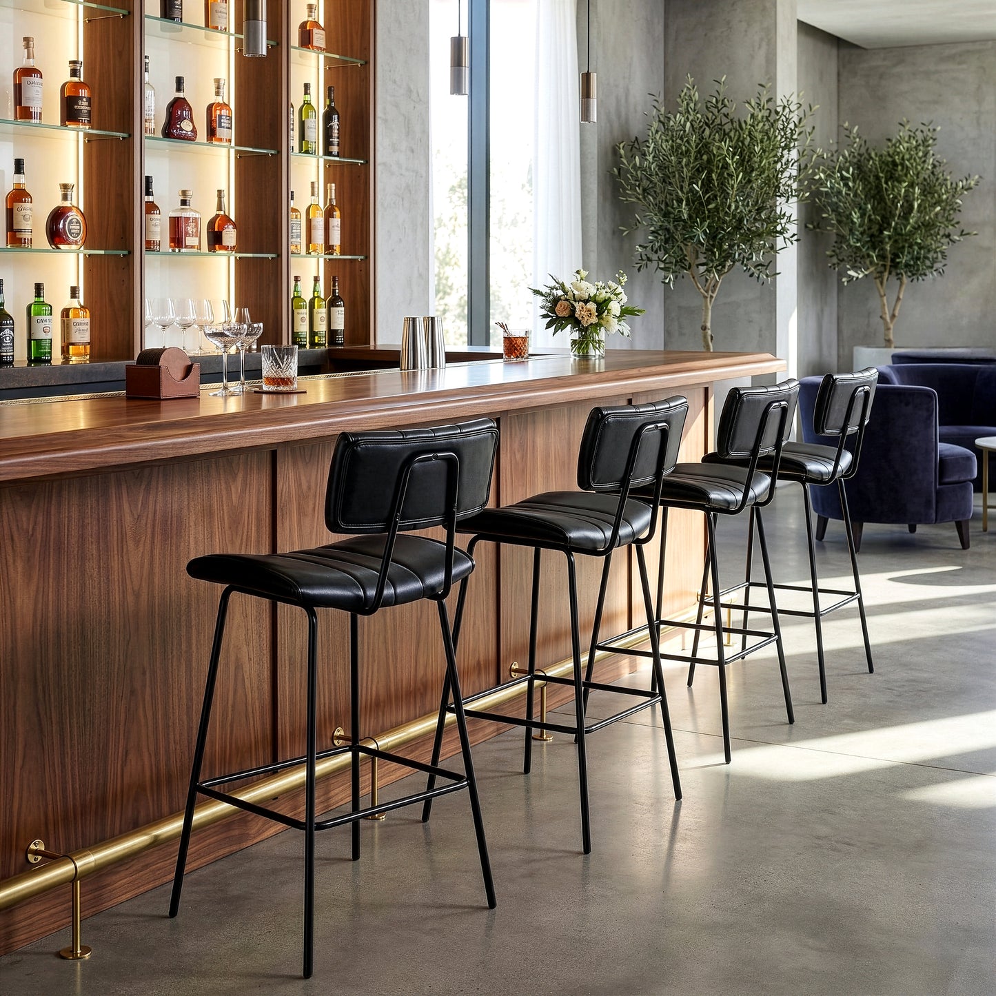 Set of 2 Belita Black Faux Leather Bar Stool with Black Metal Legs