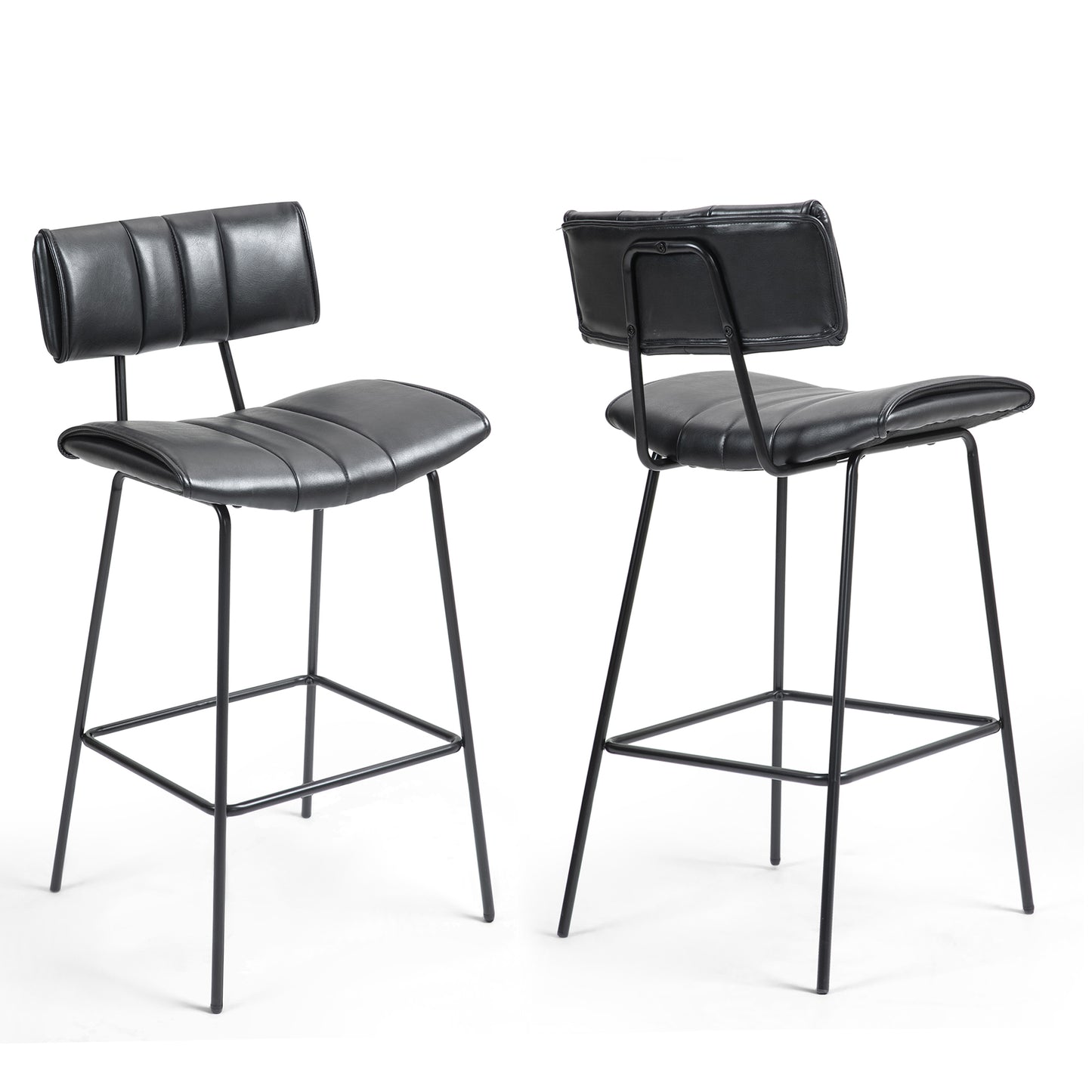 Set of 2 Belita Black Faux Leather Bar Stool with Black Metal Legs
