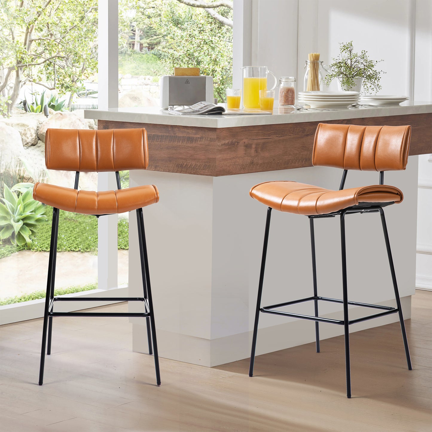 Set of 2 Belita Brown Faux Leather Counter Stool with Black Metal Legs