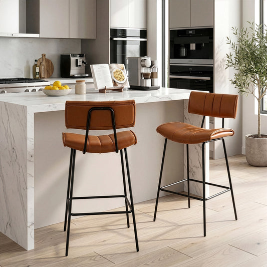 Set of 2 Belita Brown Faux Leather Counter Stool with Black Metal Legs