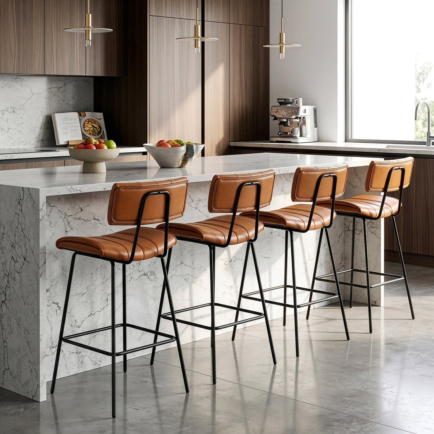 Set of 2 Belita Brown Faux Leather Counter Stool with Black Metal Legs