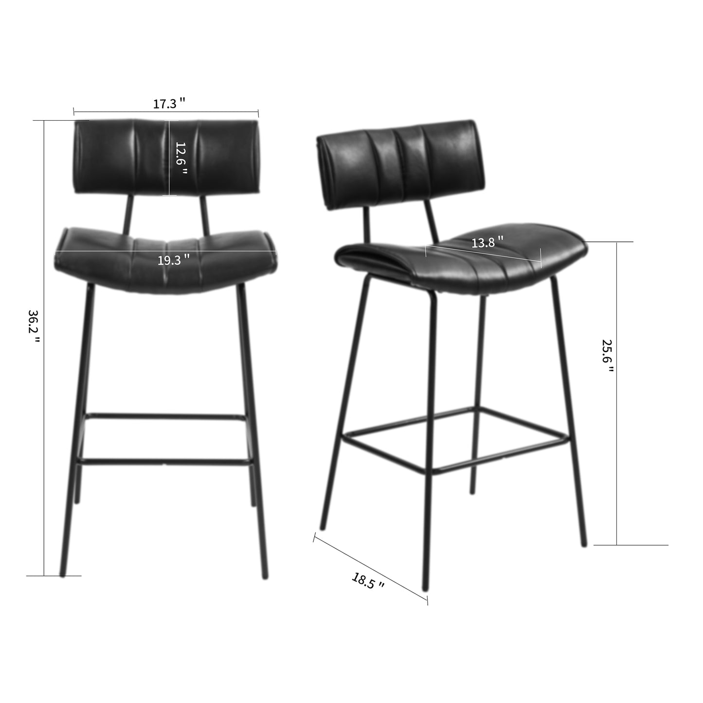 Set of 2 Belita Black Faux Leather Counter Stool with Black Metal Legs