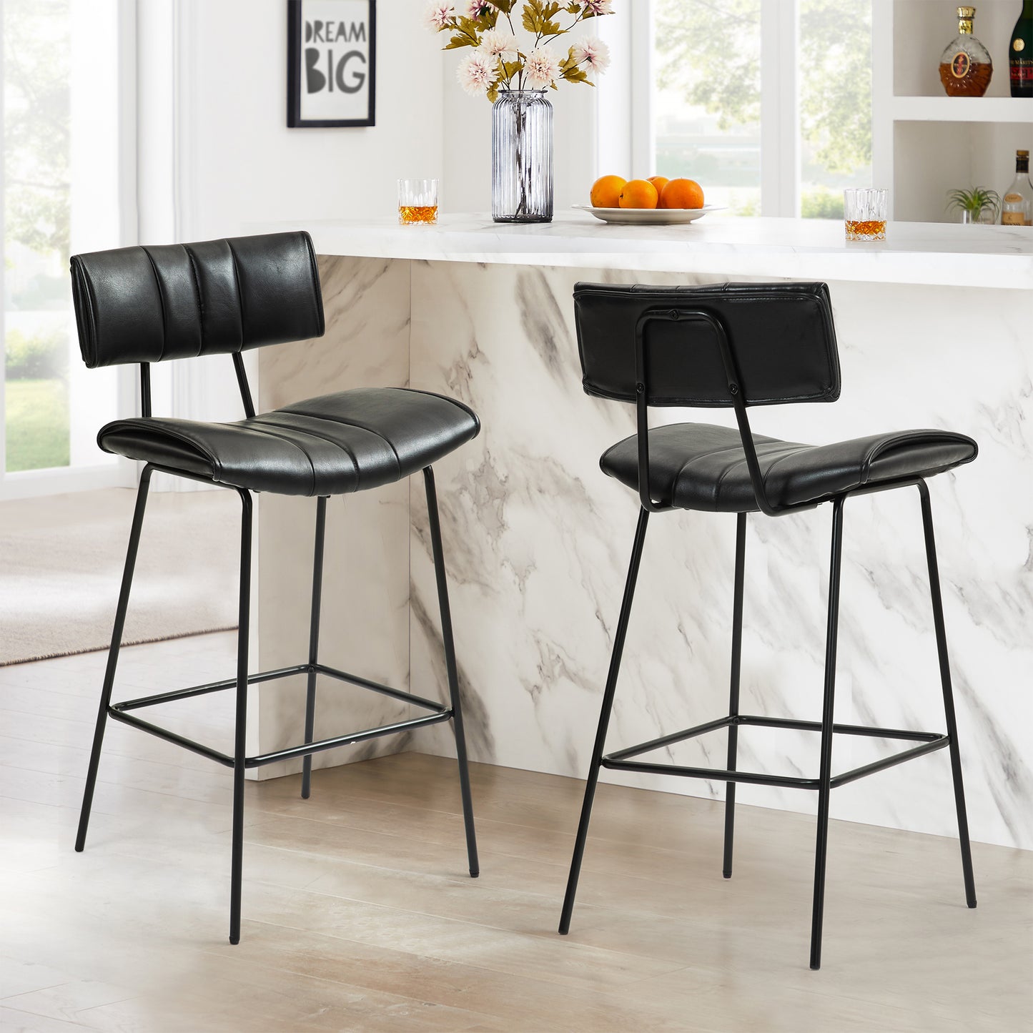 Set of 2 Belita Black Faux Leather Counter Stool with Black Metal Legs