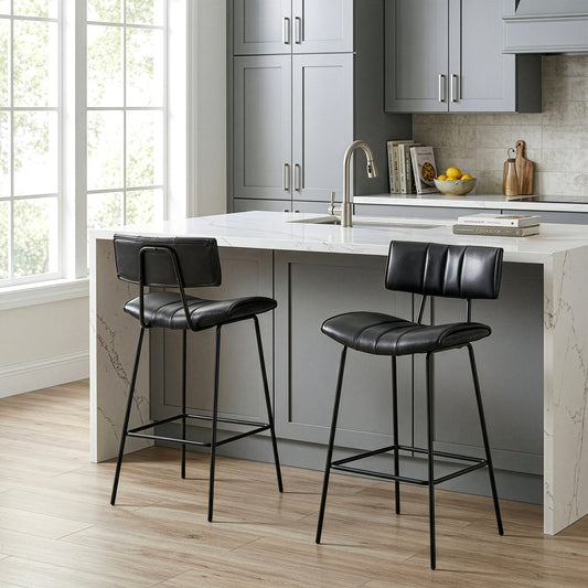 Set of 2 Belita Black Faux Leather Counter Stool with Black Metal Legs