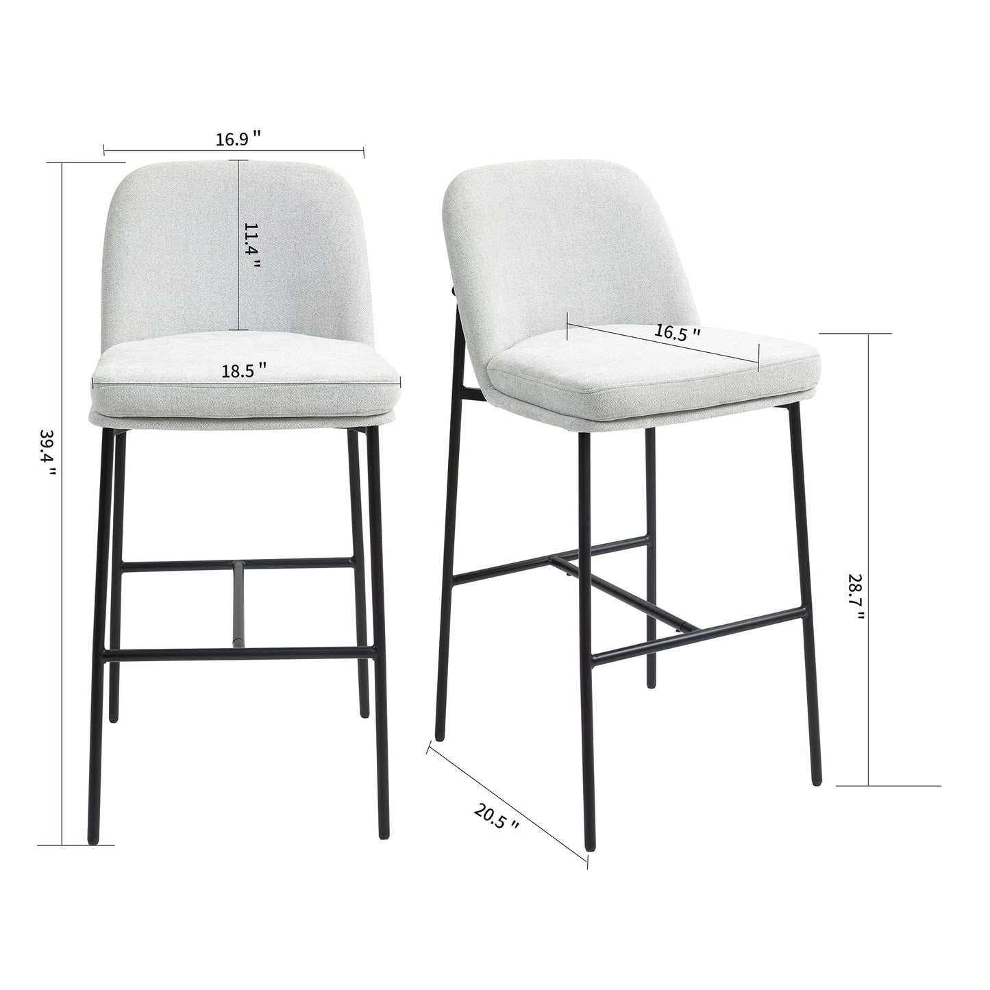 Set of 2 Belisma Gray Fabric Bar Stool with Metal Legs