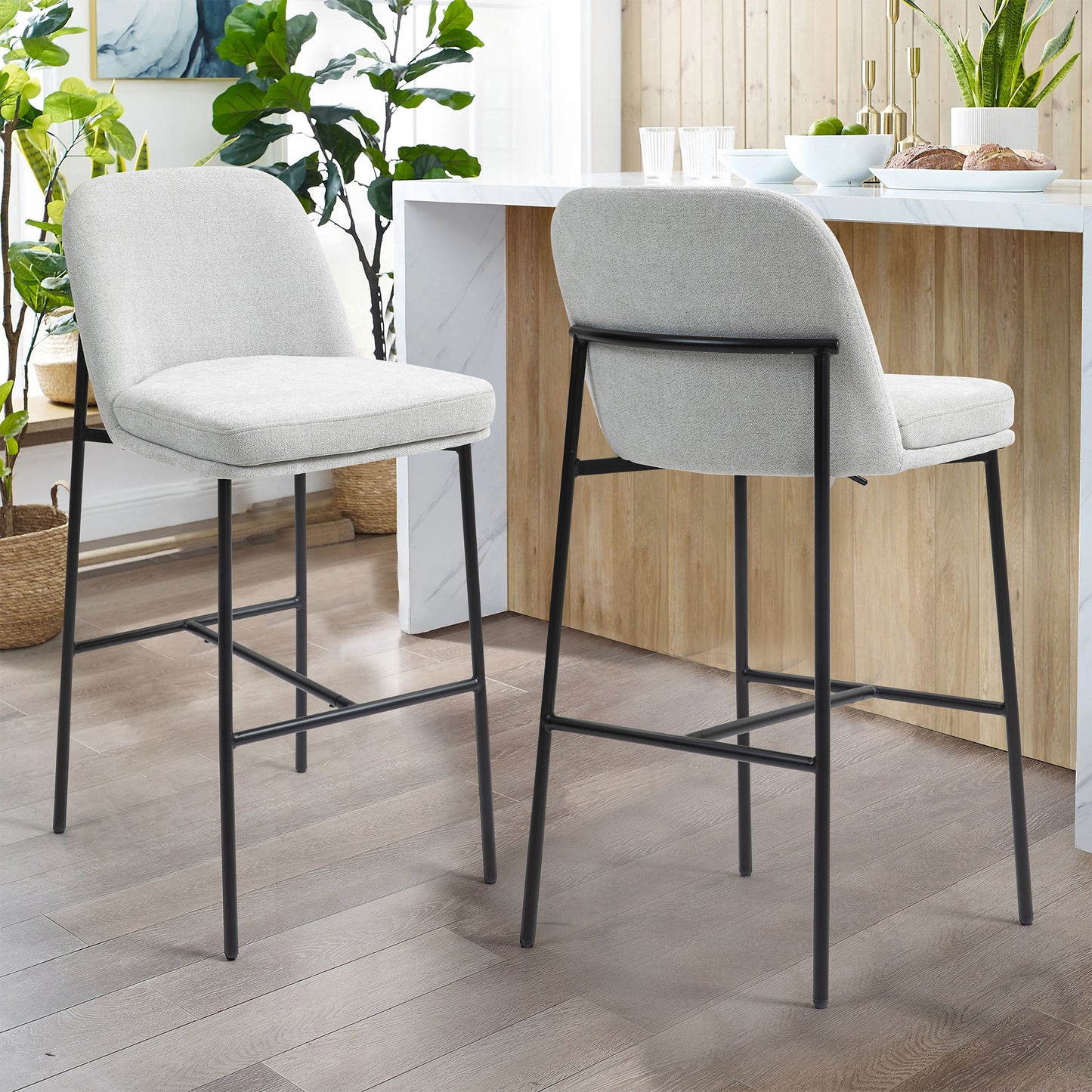 Set of 2 Belisma Gray Fabric Bar Stool with Metal Legs