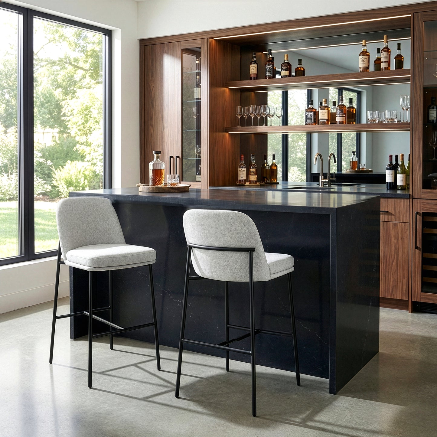 Set of 2 Belisma Gray Fabric Bar Stool with Metal Legs