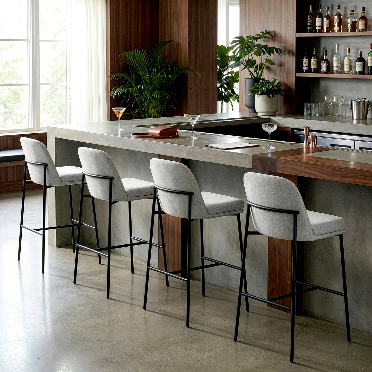 Set of 2 Belisma Gray Fabric Bar Stool with Metal Legs