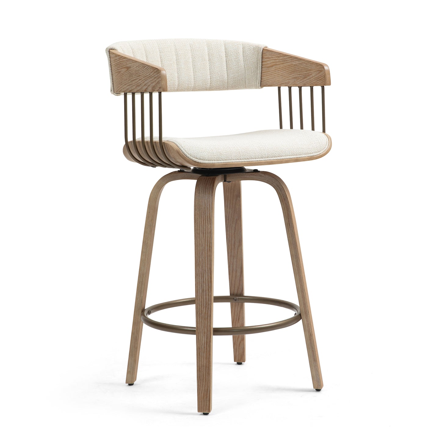 Berke Beige Upholstered Fabric Counter Stool with Natural Wood Legs