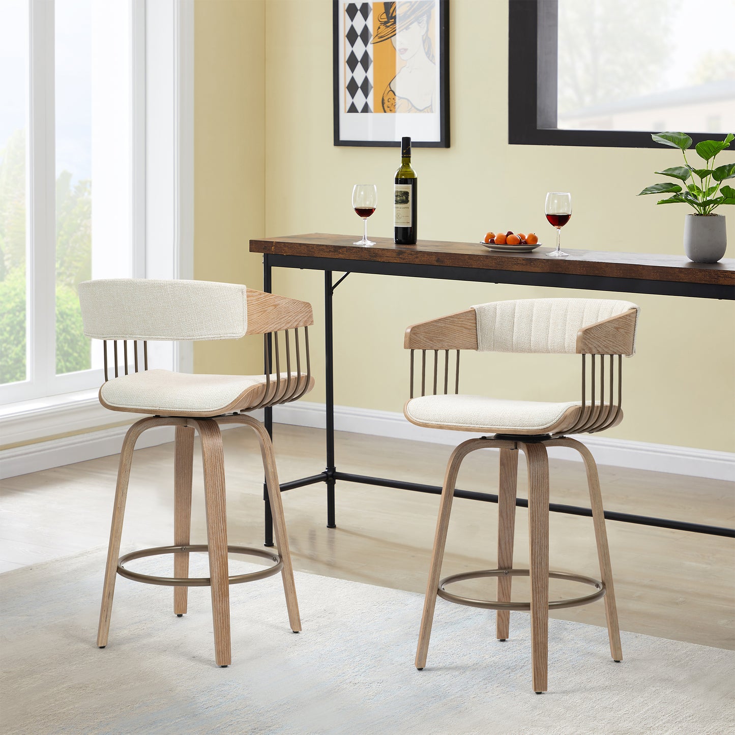 Berke Beige Upholstered Fabric Counter Stool with Natural Wood Legs