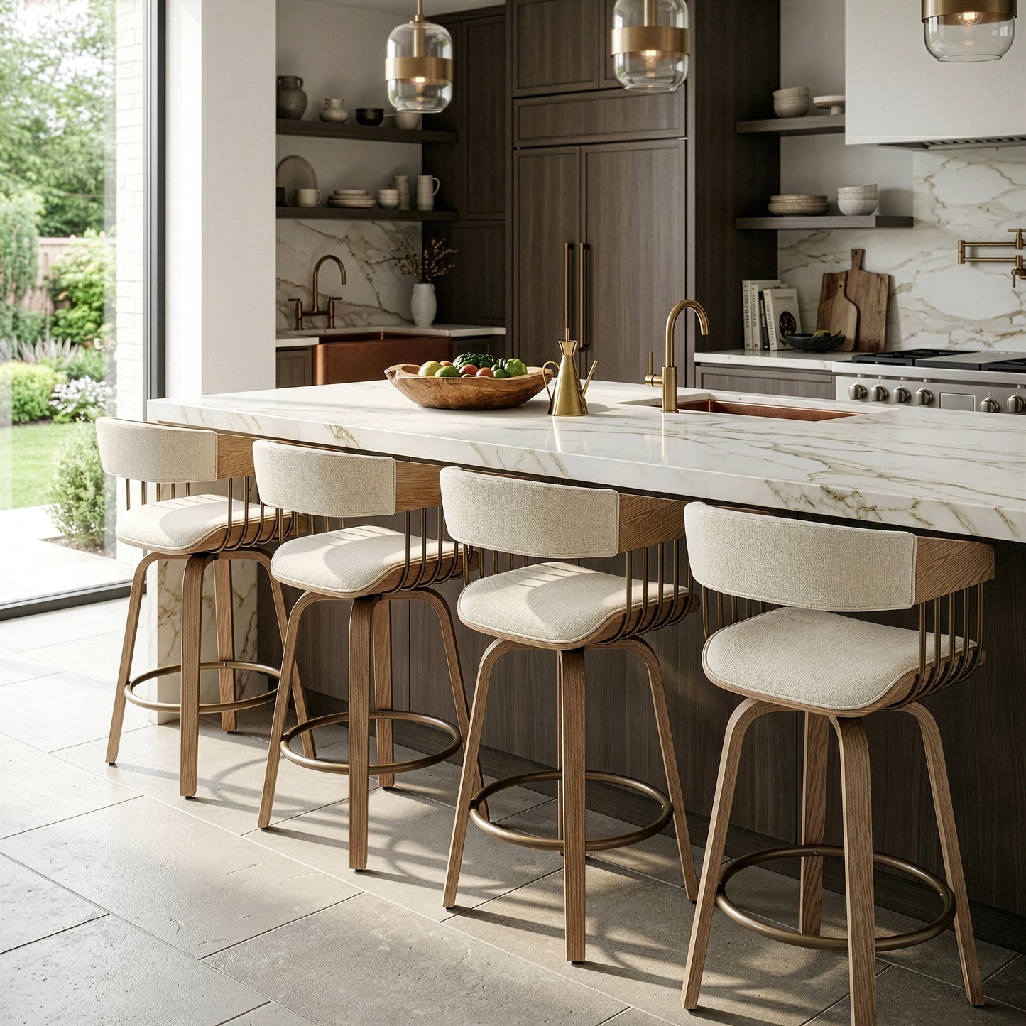 Berke Beige Upholstered Fabric Counter Stool with Natural Wood Legs