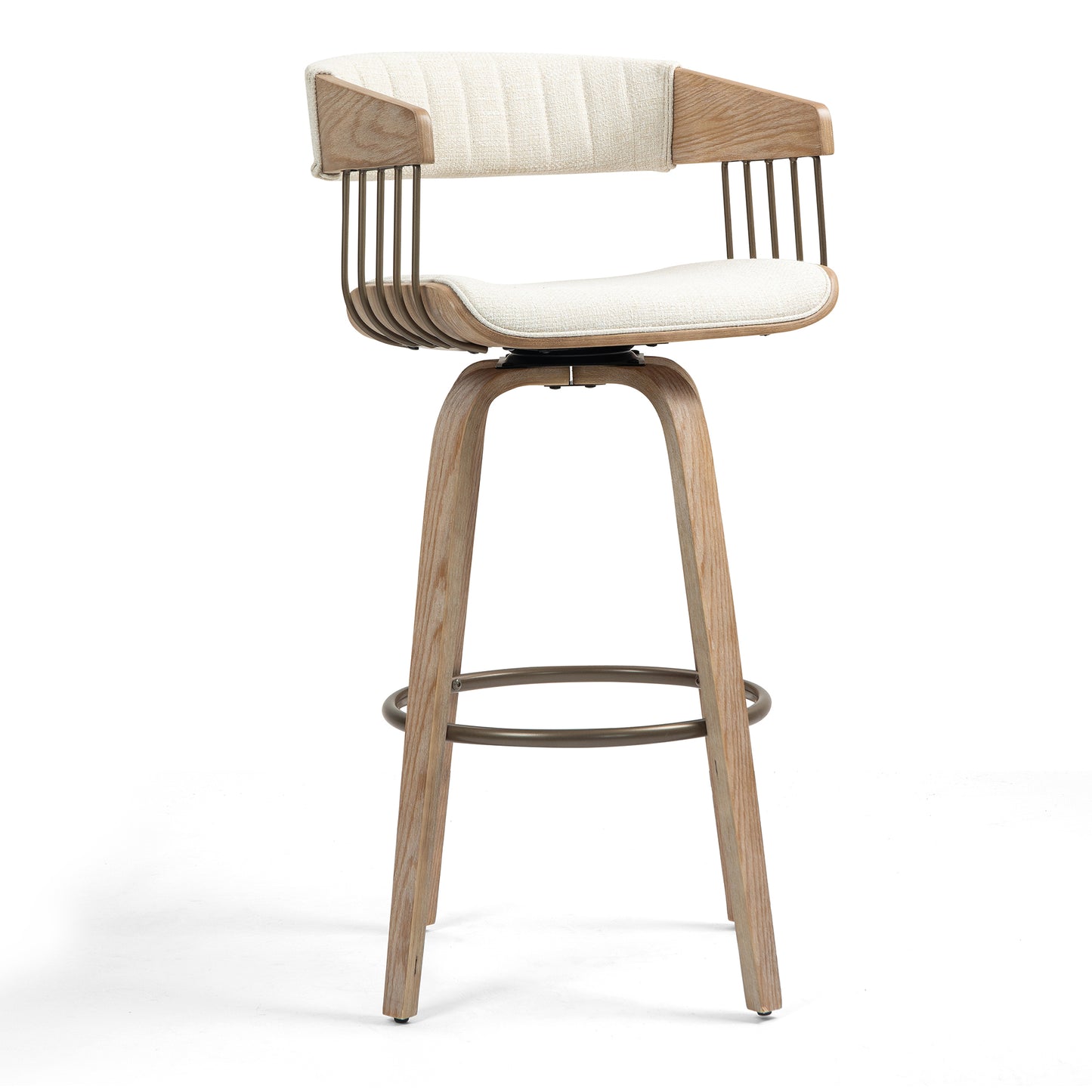 Berke Beige Upholstered Fabric Bar Stool with Natural Wood Legs