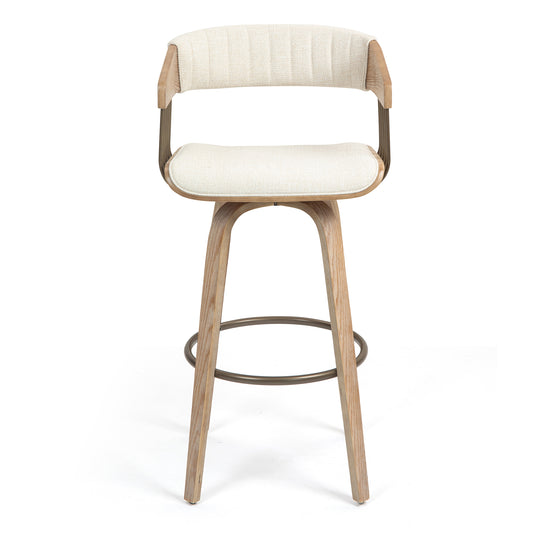 Berke Beige Upholstered Fabric Bar Stool with Natural Wood Legs