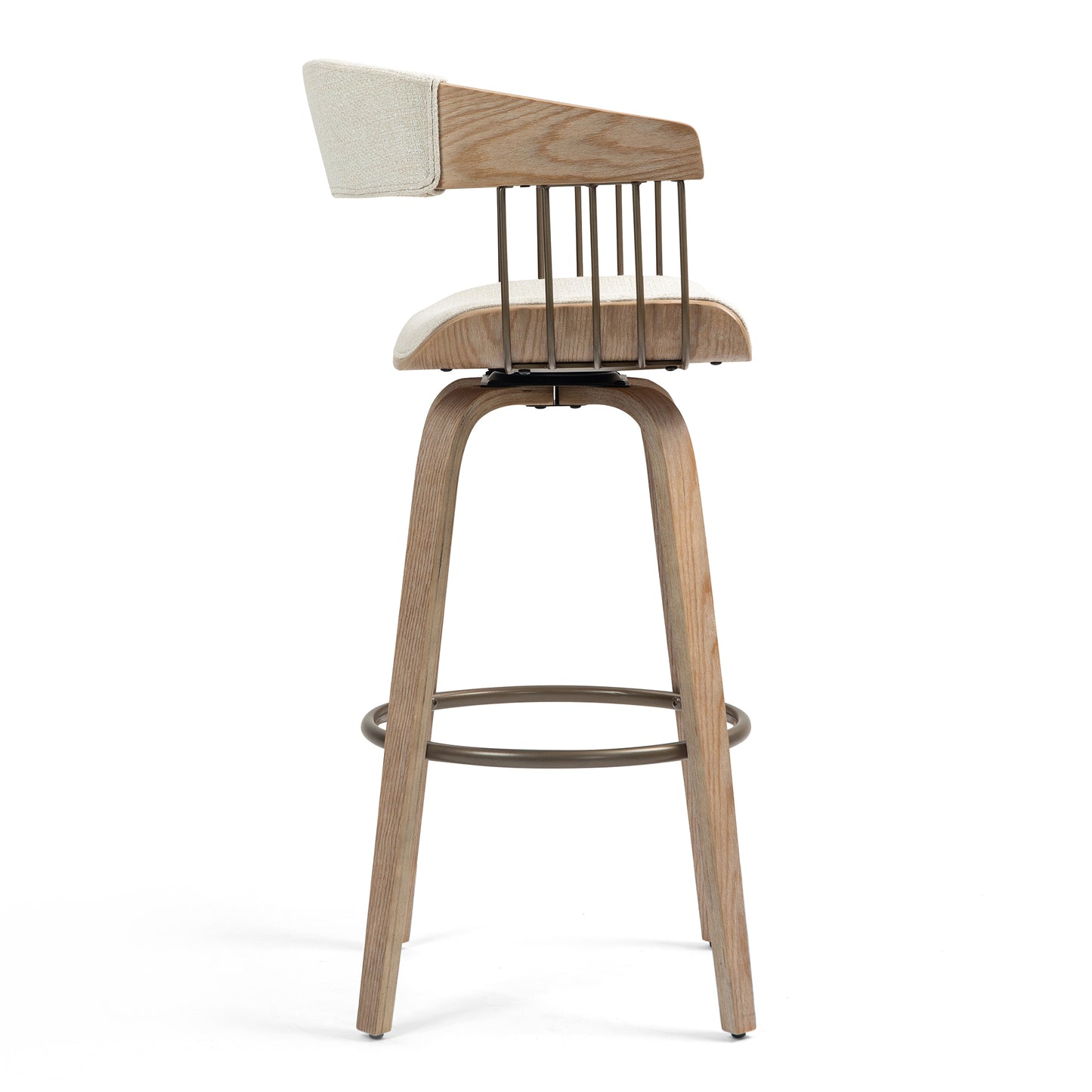 Berke Beige Upholstered Fabric Bar Stool with Natural Wood Legs