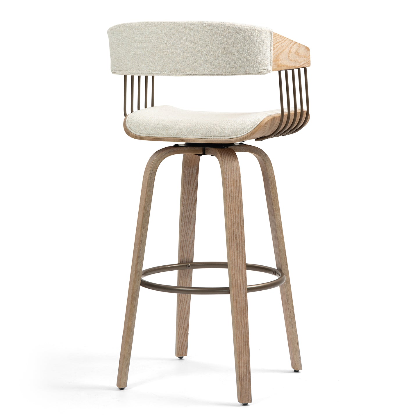 Berke Beige Upholstered Fabric Bar Stool with Natural Wood Legs