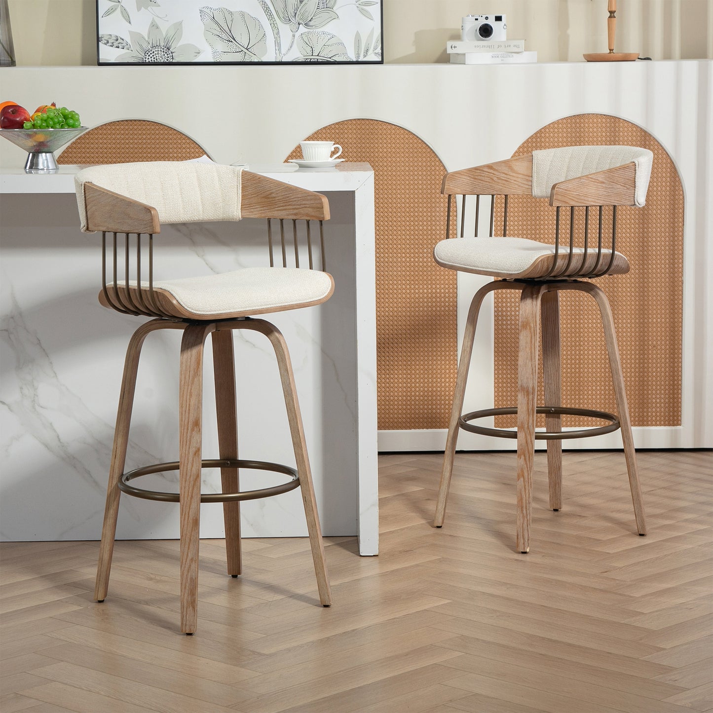 Berke Beige Upholstered Fabric Bar Stool with Natural Wood Legs