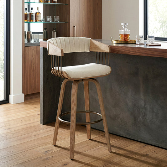 Berke Beige Upholstered Fabric Bar Stool with Natural Wood Legs
