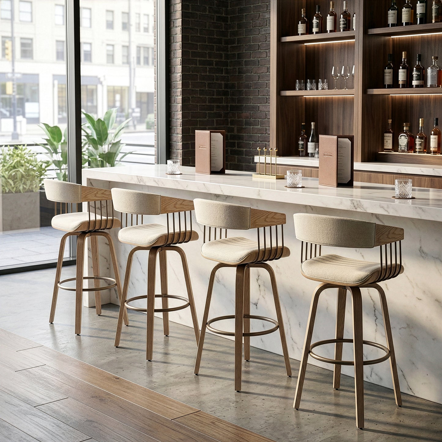 Berke Beige Upholstered Fabric Bar Stool with Natural Wood Legs