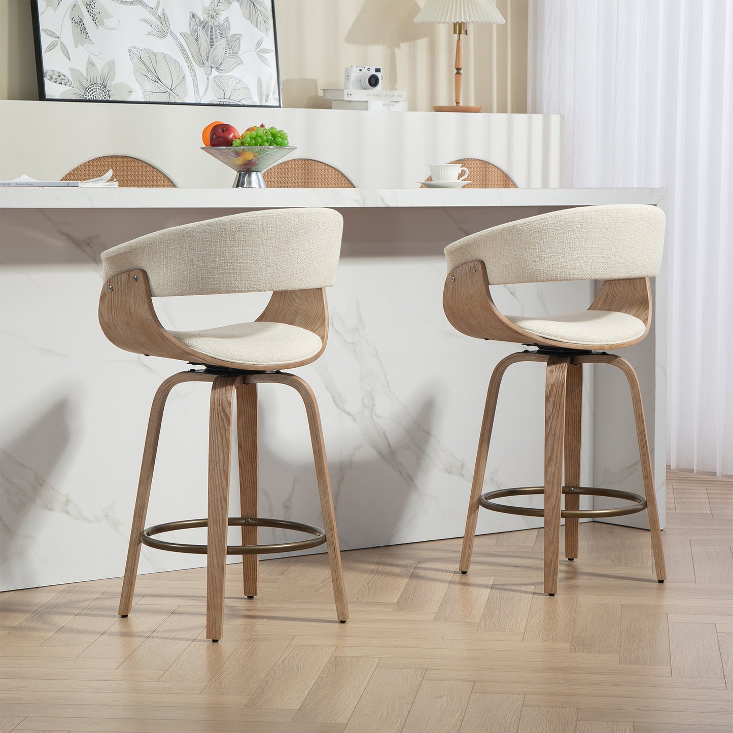 Berkeley Beige Upholstered Fabric Counter Stool with Natural Wood Accent Legs