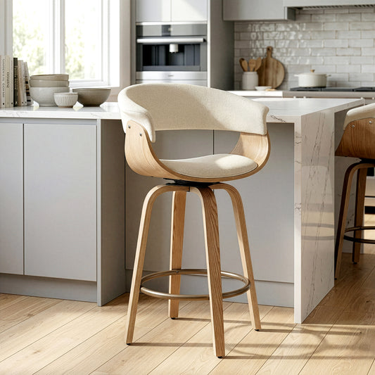 Berkeley Beige Upholstered Fabric Counter Stool with Natural Wood Accent Legs