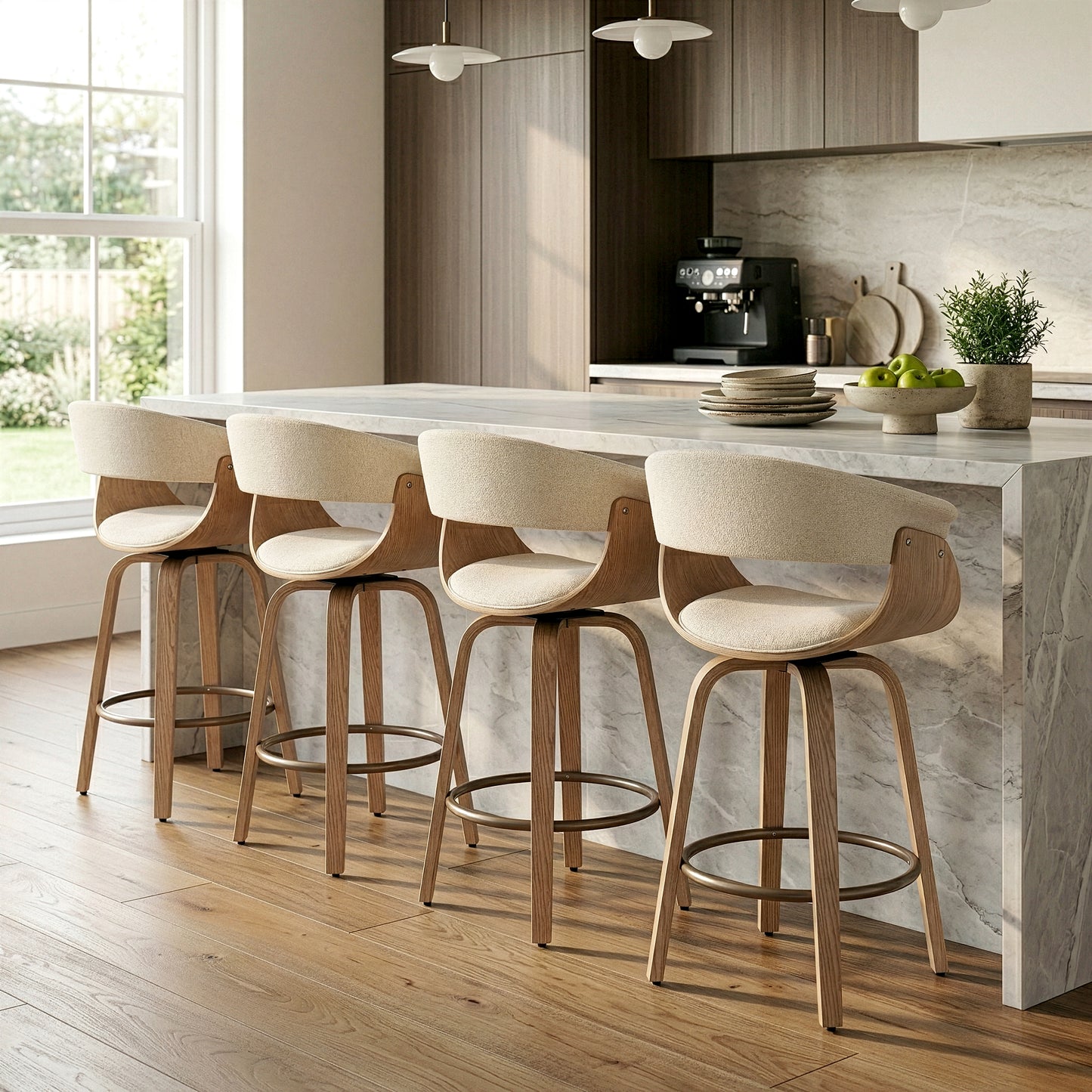 Berkeley Beige Upholstered Fabric Counter Stool with Natural Wood Accent Legs