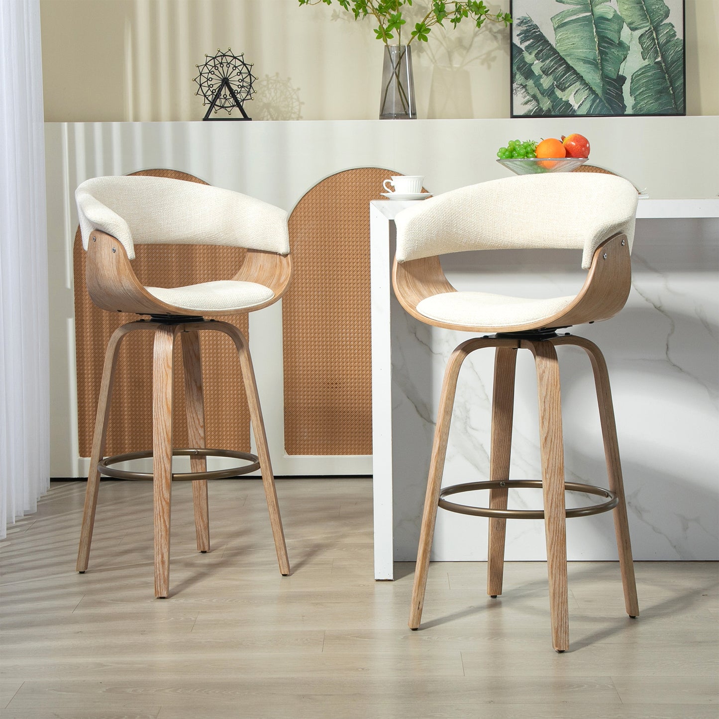 Berkeley Beige Upholstered Fabric Bar Stool with Natural Wood Accent Legs