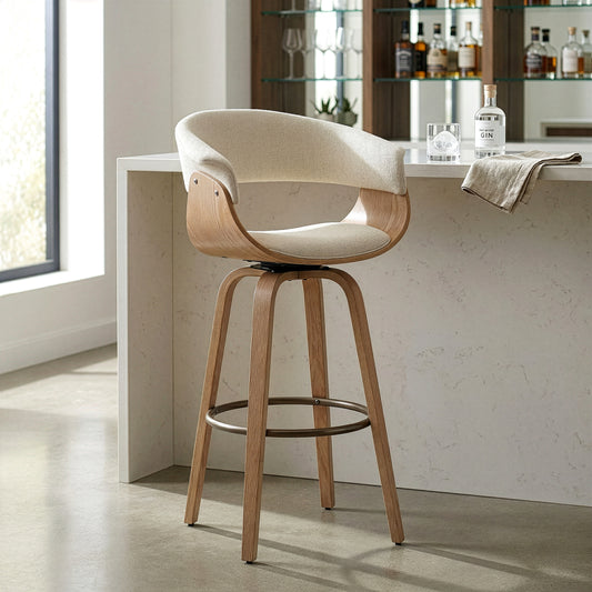 Berkeley Beige Upholstered Fabric Bar Stool with Natural Wood Accent Legs