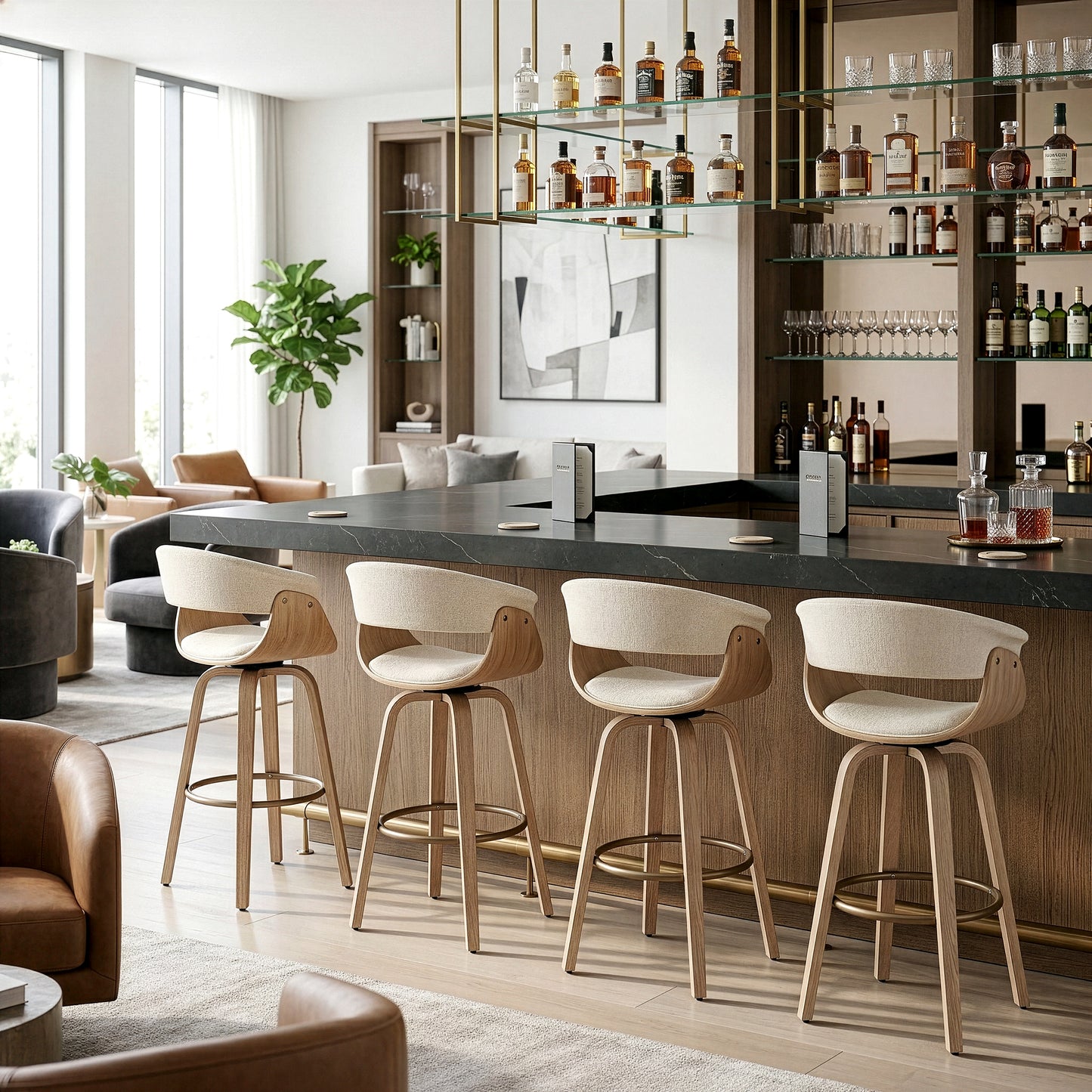 Berkeley Beige Upholstered Fabric Bar Stool with Natural Wood Accent Legs