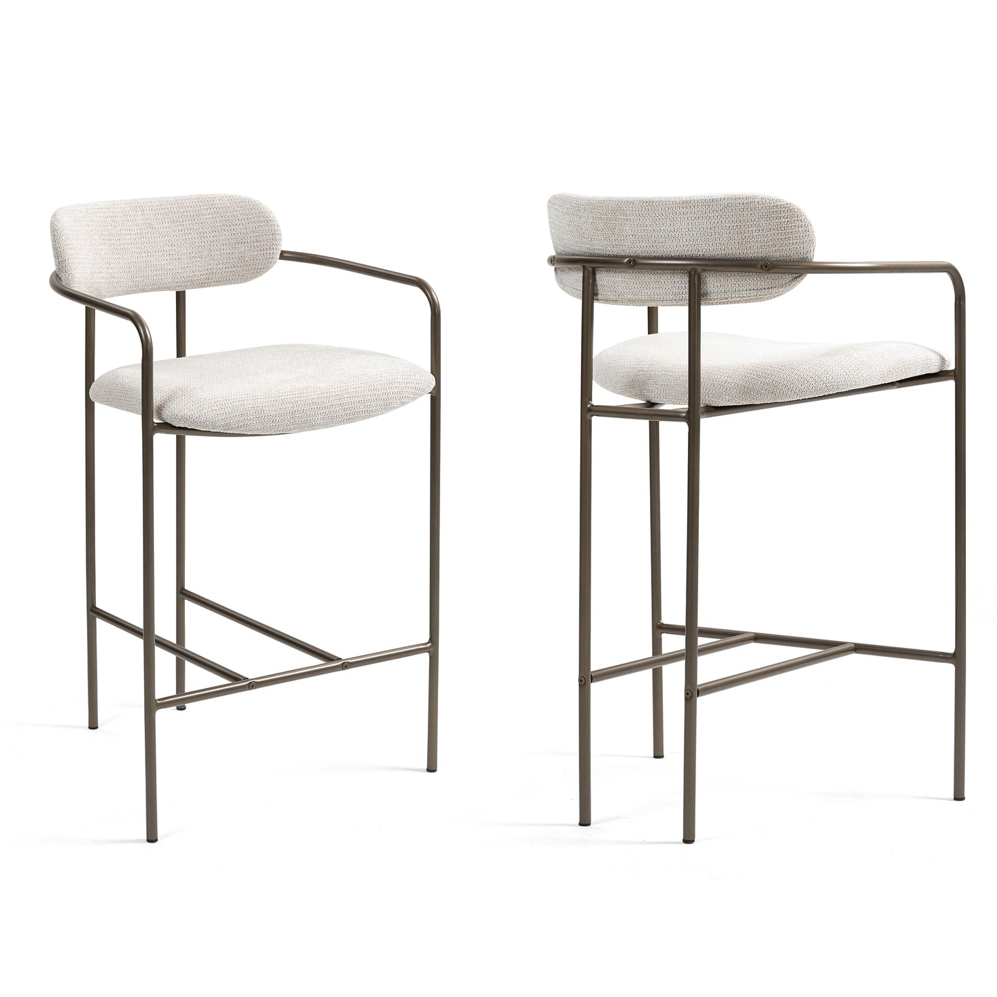 Set of 2 Berker Beige Woven Upholstered Fabric Counter Stool with Brown Iron Arms and Legs