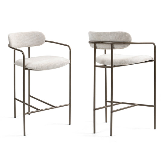 Set of 2 Berker Beige Woven Upholstered Fabric Counter Stool with Brown Iron Arms and Legs