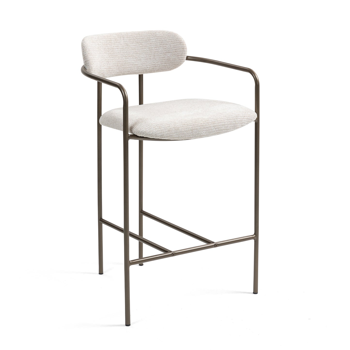 Set of 2 Berker Beige Woven Upholstered Fabric Counter Stool with Brown Iron Arms and Legs