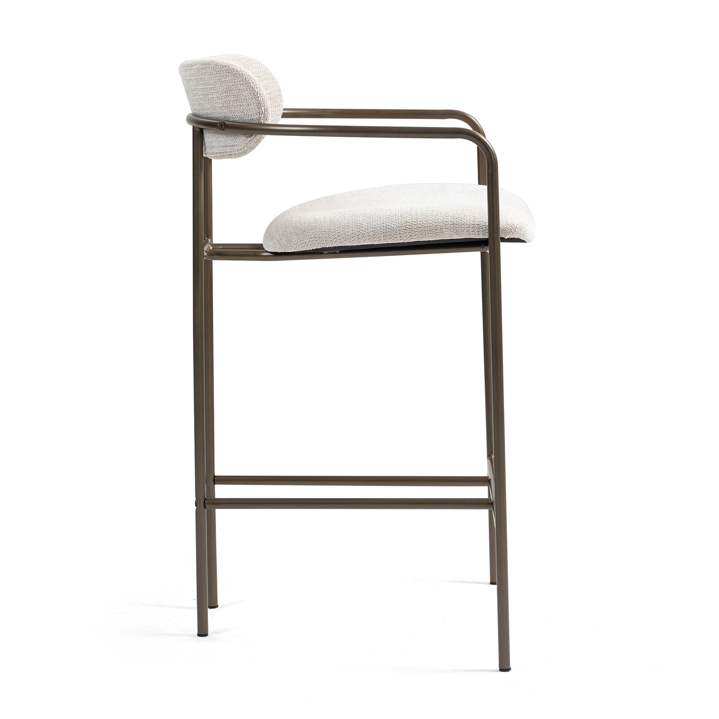 Set of 2 Berker Beige Woven Upholstered Fabric Counter Stool with Brown Iron Arms and Legs