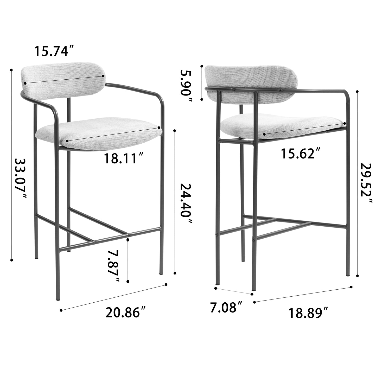 Set of 2 Berker Beige Woven Upholstered Fabric Counter Stool with Brown Iron Arms and Legs