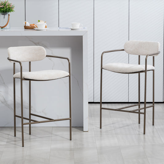 Set of 2 Berker Beige Woven Upholstered Fabric Counter Stool with Brown Iron Arms and Legs