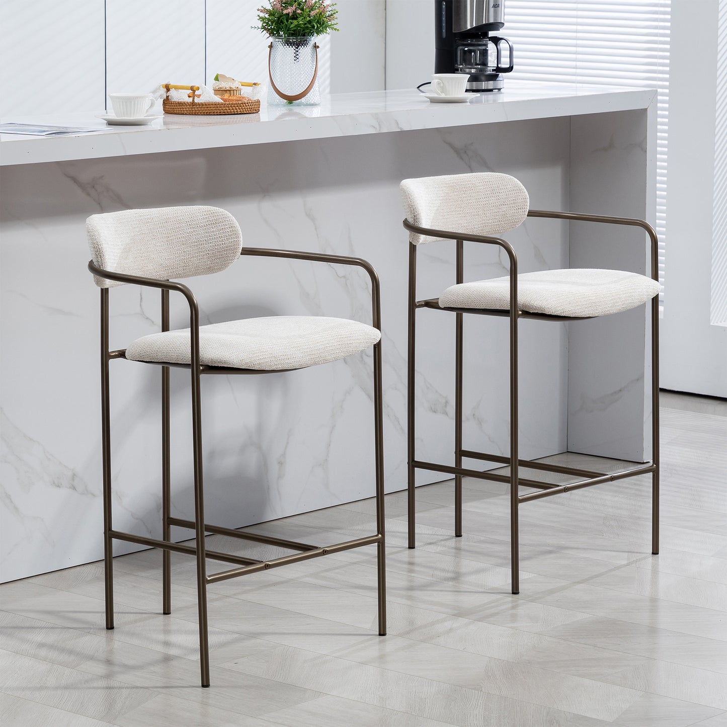 Set of 2 Berker Beige Woven Upholstered Fabric Counter Stool with Brown Iron Arms and Legs