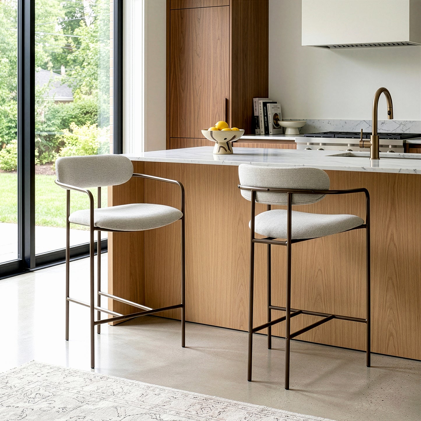 Set of 2 Berker Beige Woven Upholstered Fabric Counter Stool with Brown Iron Arms and Legs