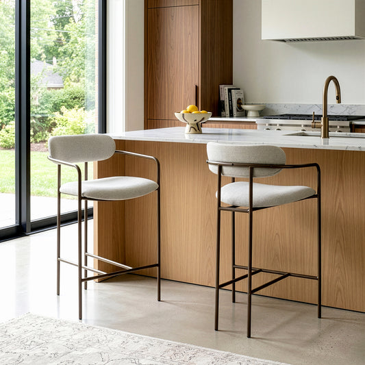 Set of 2 Berker Beige Woven Upholstered Fabric Counter Stool with Brown Iron Arms and Legs