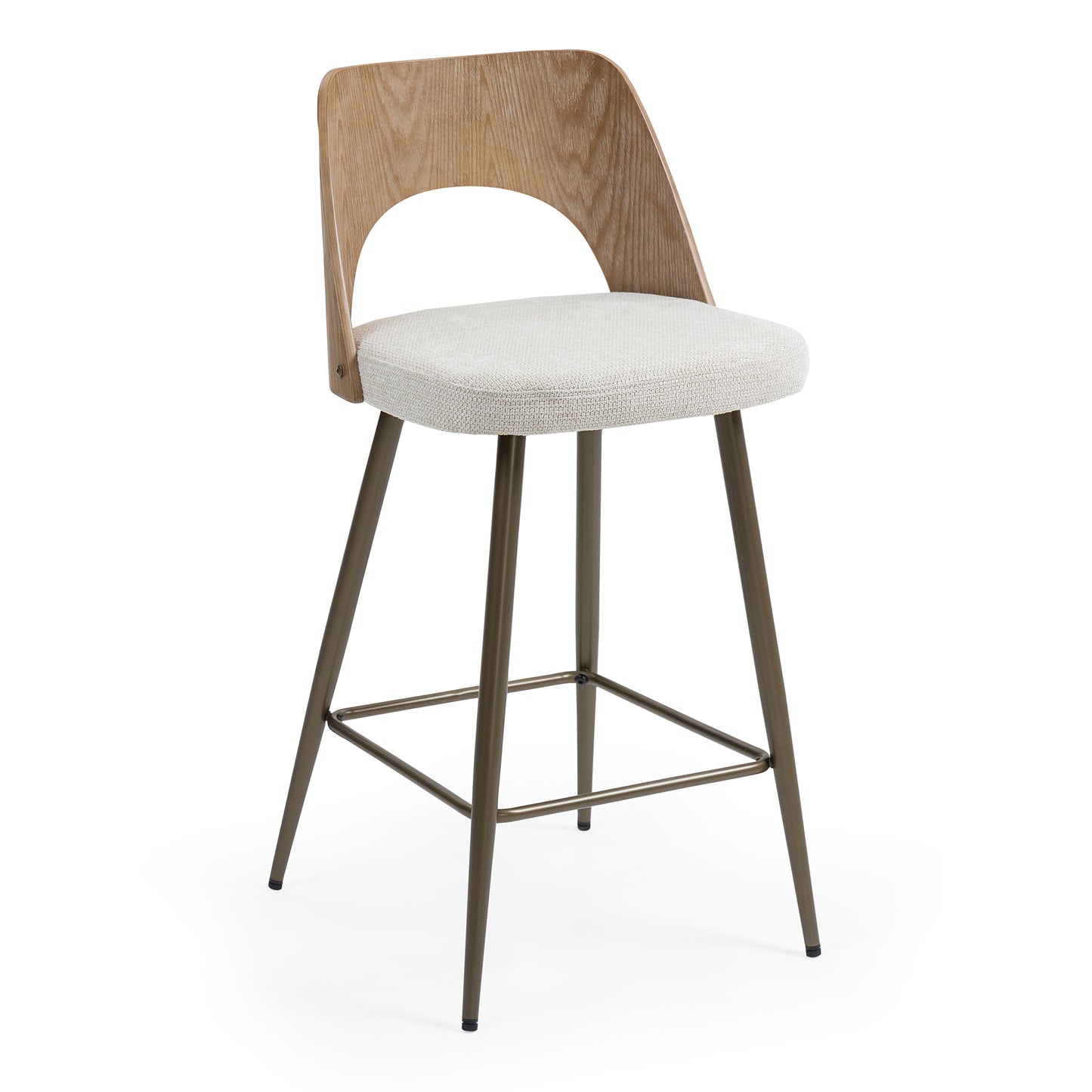 Set of 2 Bethan Beige Washed Boucle Fabric Counter Stool with White Washed Wood Back and Black Iron Legs