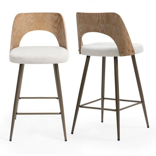 Set of 2 Bethan Beige Washed Boucle Fabric Counter Stool with White Washed Wood Back and Black Iron Legs