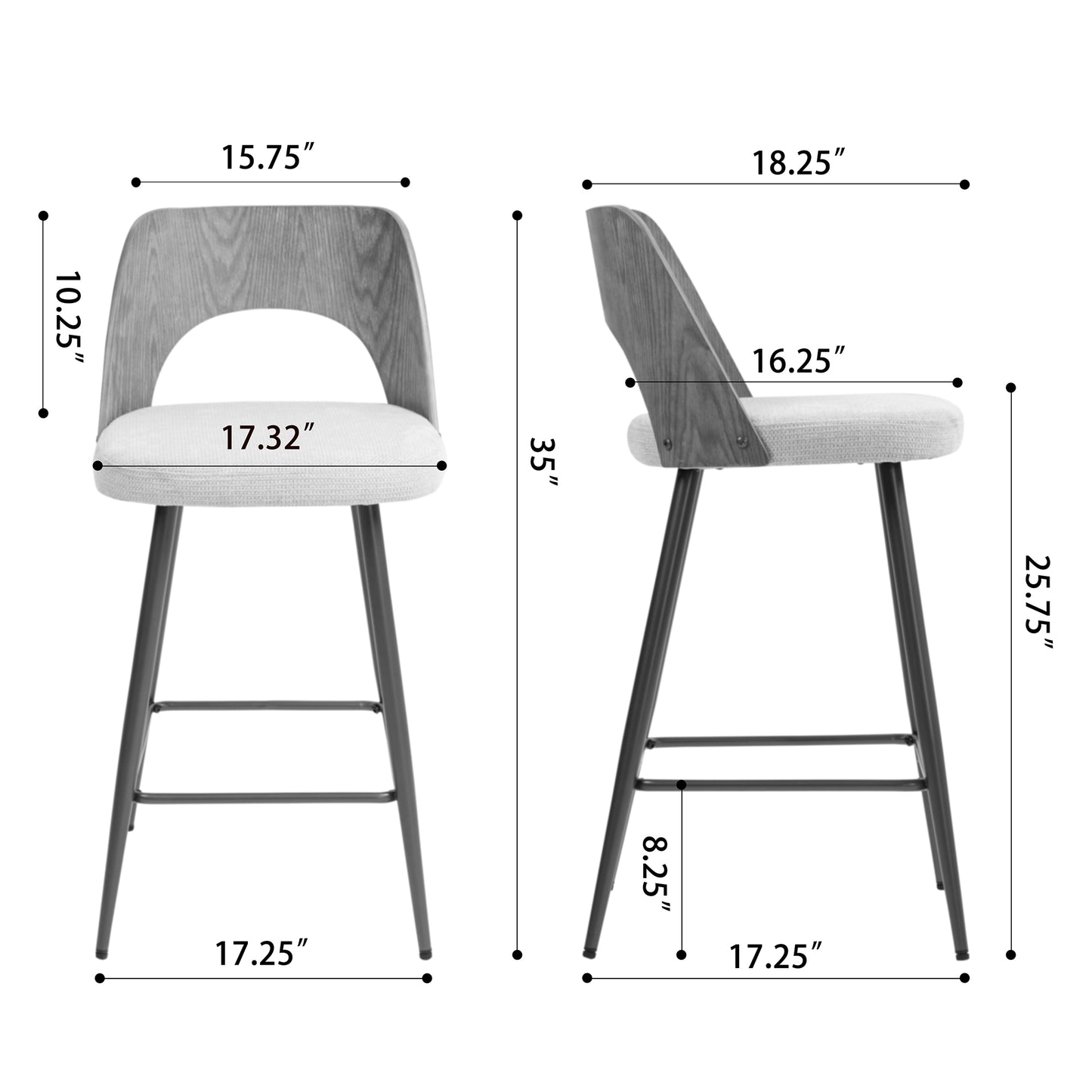 Set of 2 Bethan Beige Washed Boucle Fabric Counter Stool with White Washed Wood Back and Black Iron Legs