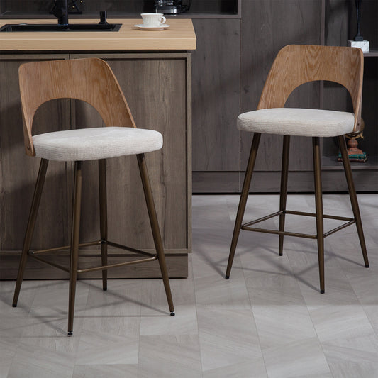 Set of 2 Bethan Beige Washed Boucle Fabric Counter Stool with White Washed Wood Back and Black Iron Legs