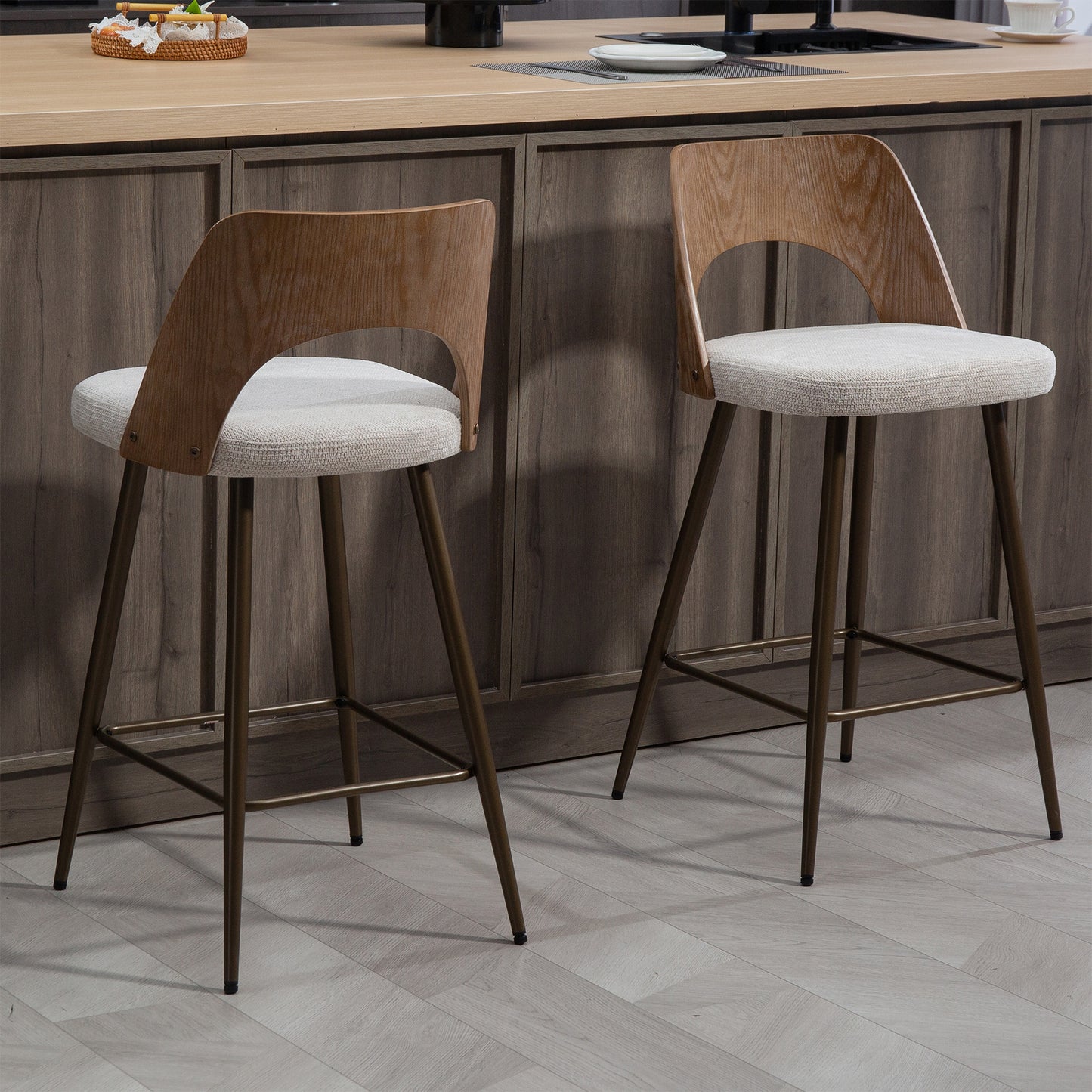 Set of 2 Bethan Beige Washed Boucle Fabric Counter Stool with White Washed Wood Back and Black Iron Legs