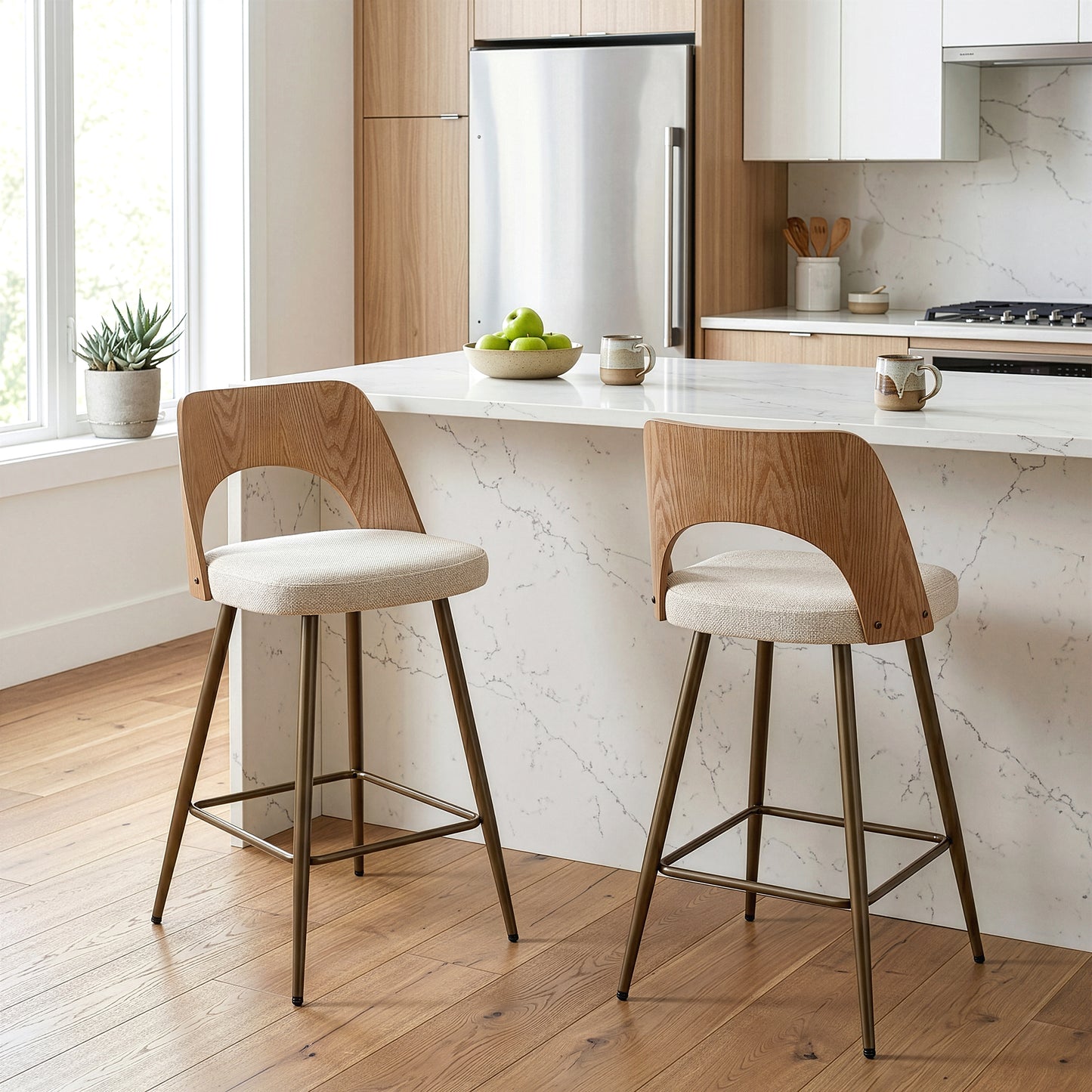 Set of 2 Bethan Beige Washed Boucle Fabric Counter Stool with White Washed Wood Back and Black Iron Legs