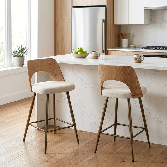 Set of 2 Bethan Beige Washed Boucle Fabric Counter Stool with White Washed Wood Back and Black Iron Legs